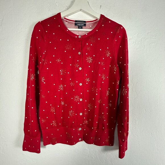 Lands' End Womens XS Red Supima Cotton Snowflake Christmas Cardigan Sweater New - Picture 1 of 8